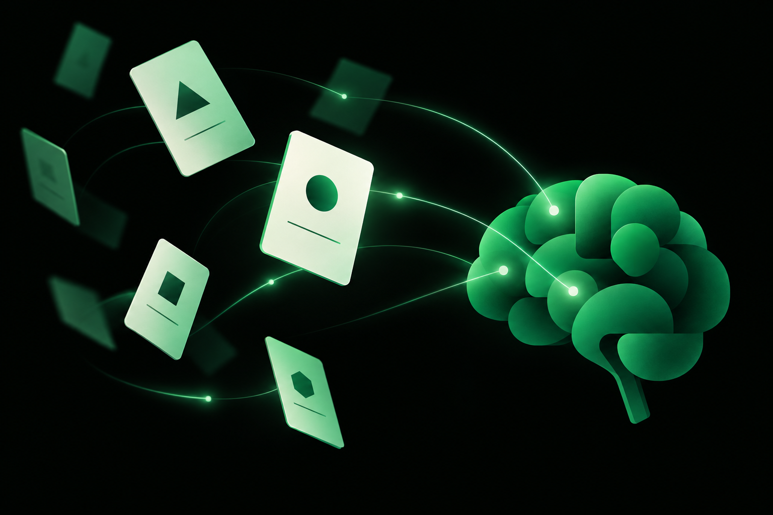 Flashcards flying toward a stylized brain, illustrating active recall