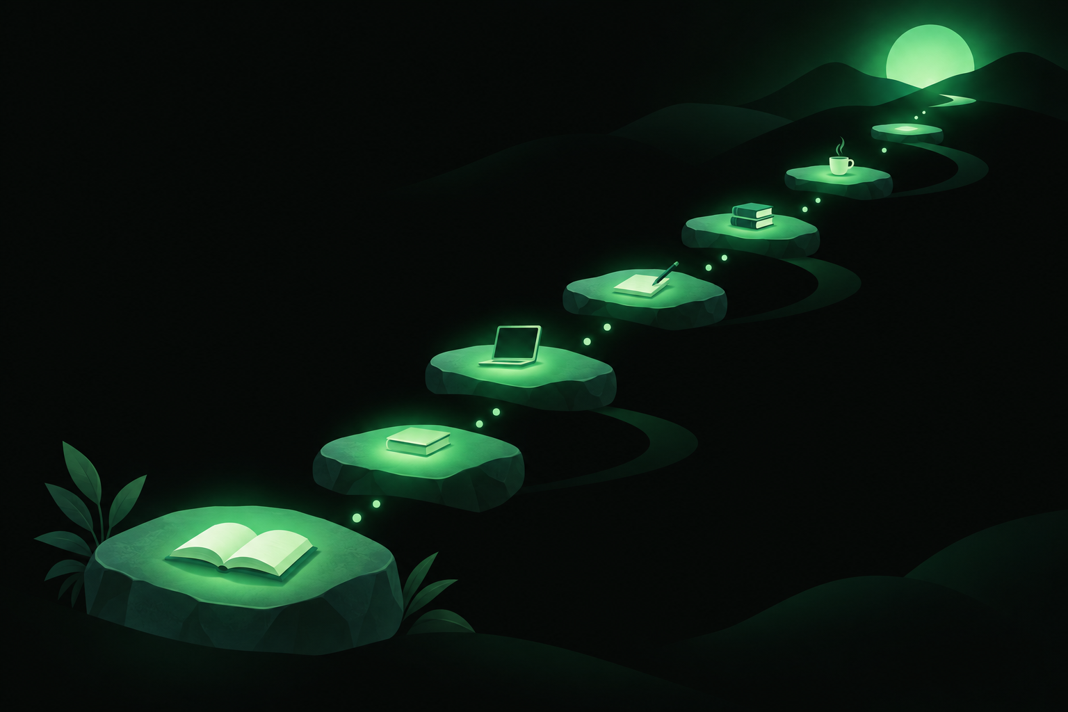Glowing stepping stones rising across several days, illustrating spaced study sessions
