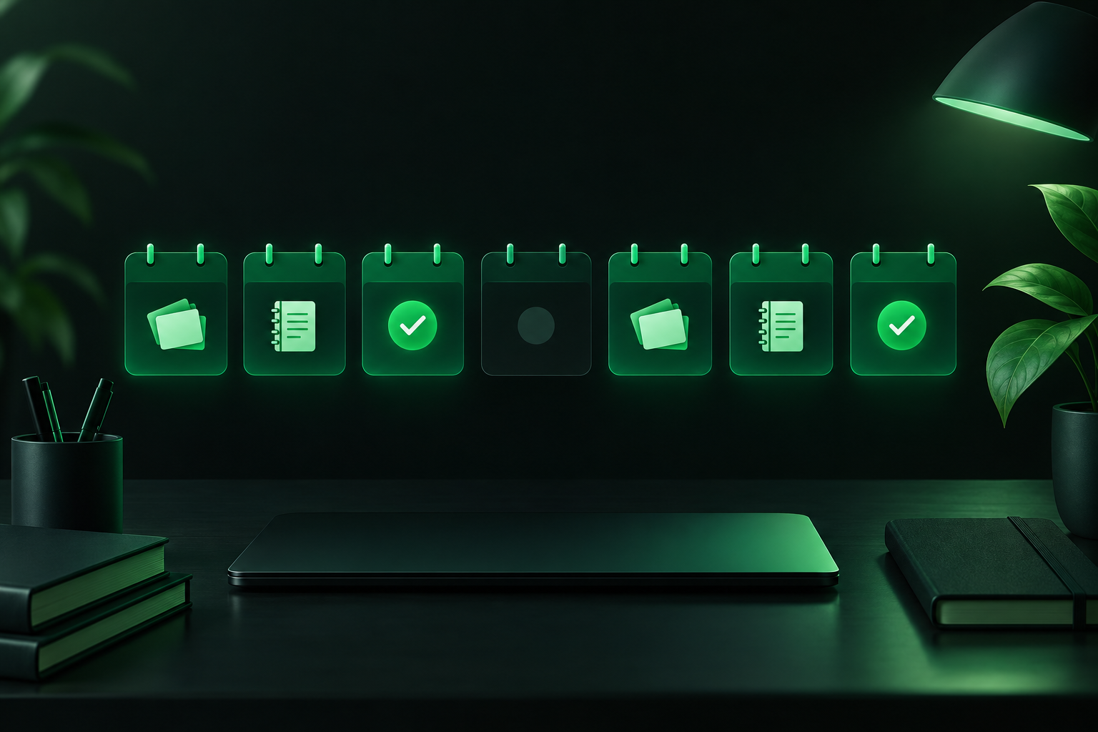 A row of glowing calendar tiles with study icons, illustrating a weekly study plan