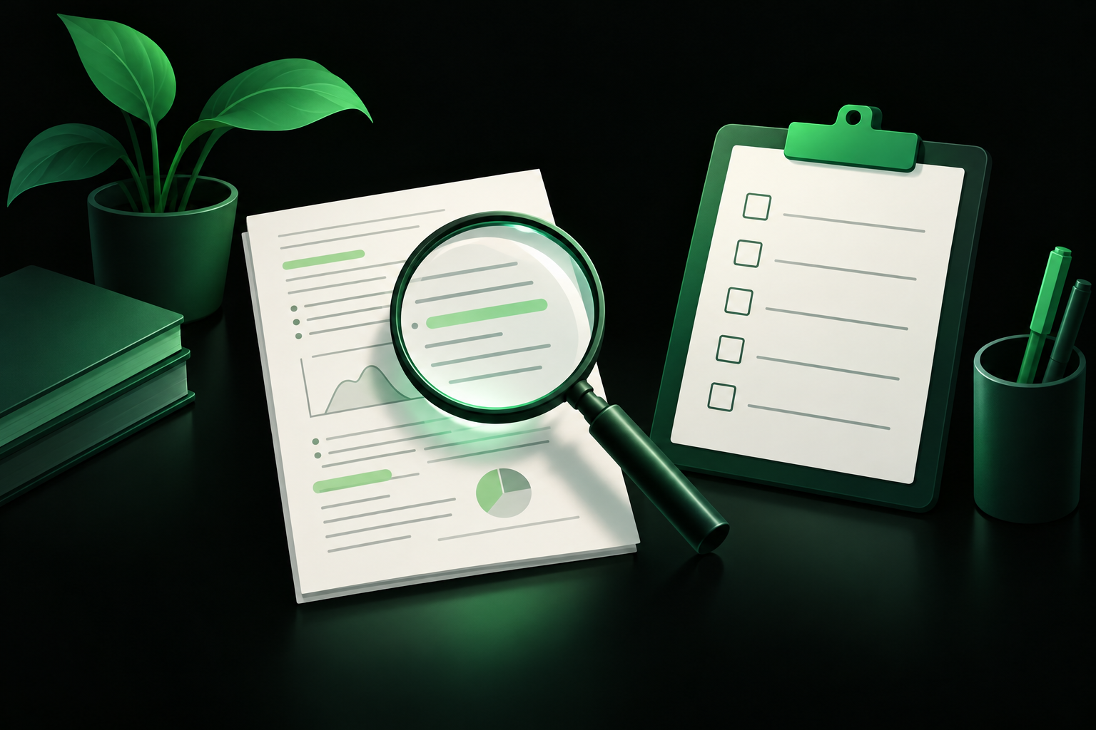Magnifying glass over a page of lecture notes next to a checklist, illustrating how the AI quiz generators were evaluated