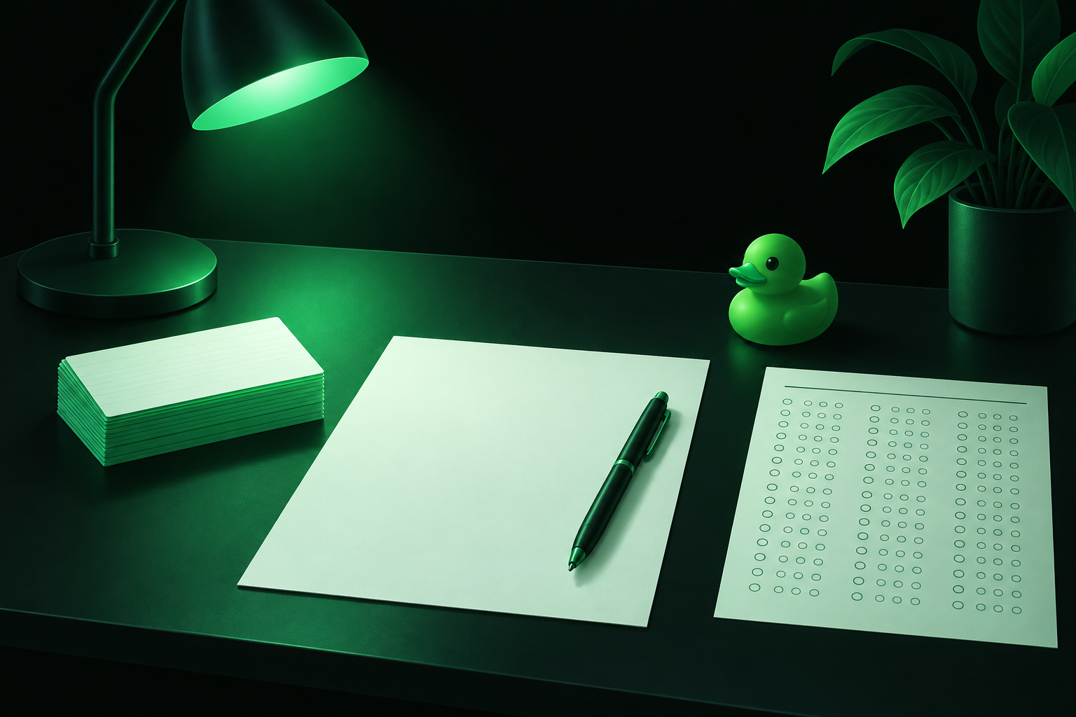 Flashcards, a blank sheet with a pen, a practice test sheet and a rubber duck on a desk, representing five active recall methods