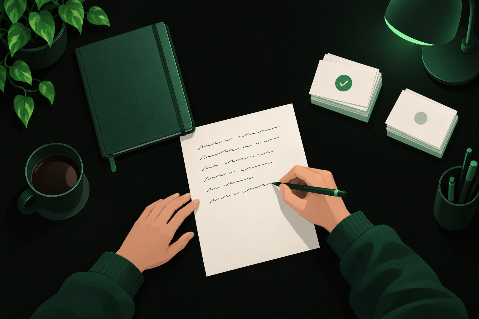 A student writing on a blank page with the notebook closed and flashcards sorted into two piles, illustrating an active recall study session