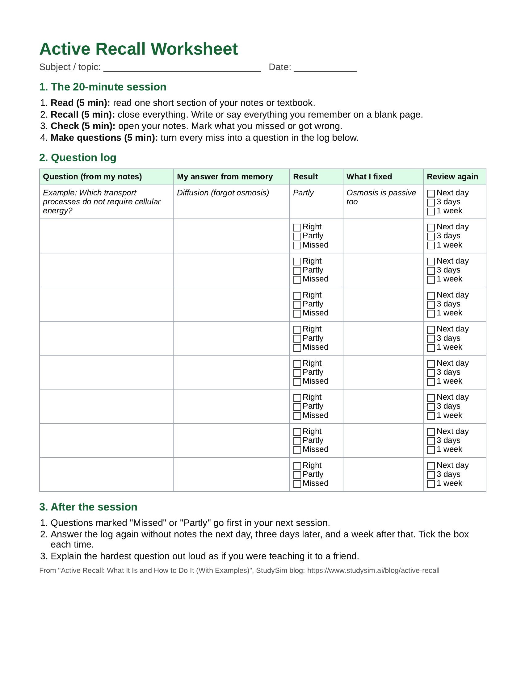 Printable active recall worksheet with a four-step 20-minute session, a question log with right, partly and missed checkboxes, and next-day, three-day and one-week review boxes