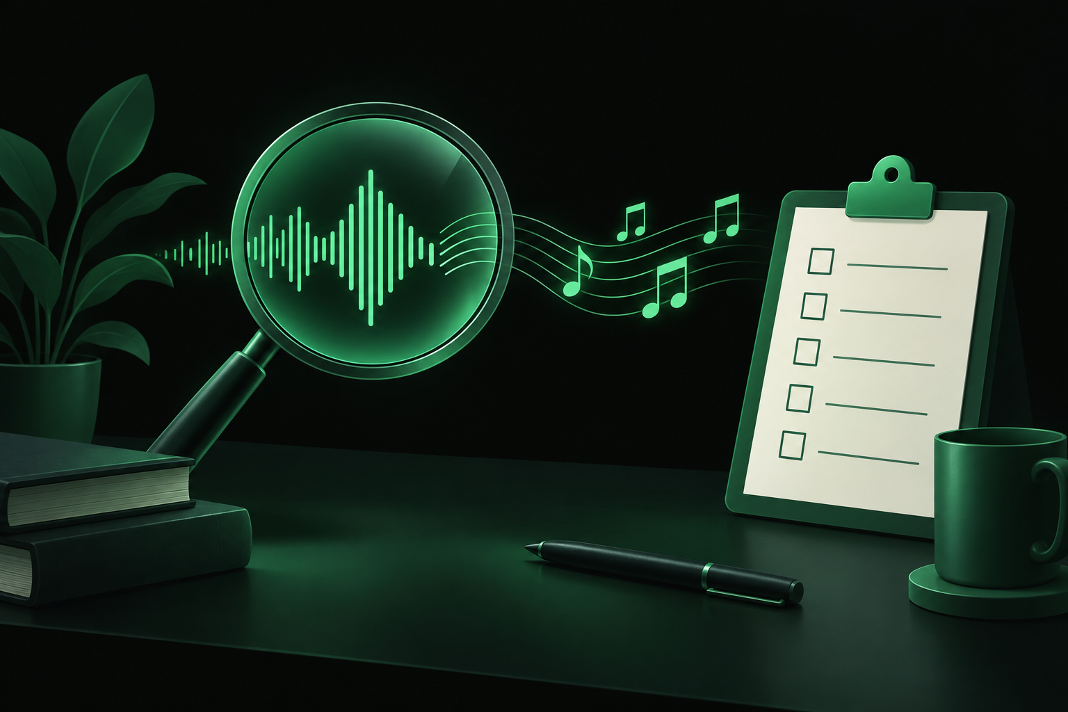 Magnifying glass over a sound waveform turning into lines of notes next to a checklist, illustrating how the AI note takers were evaluated