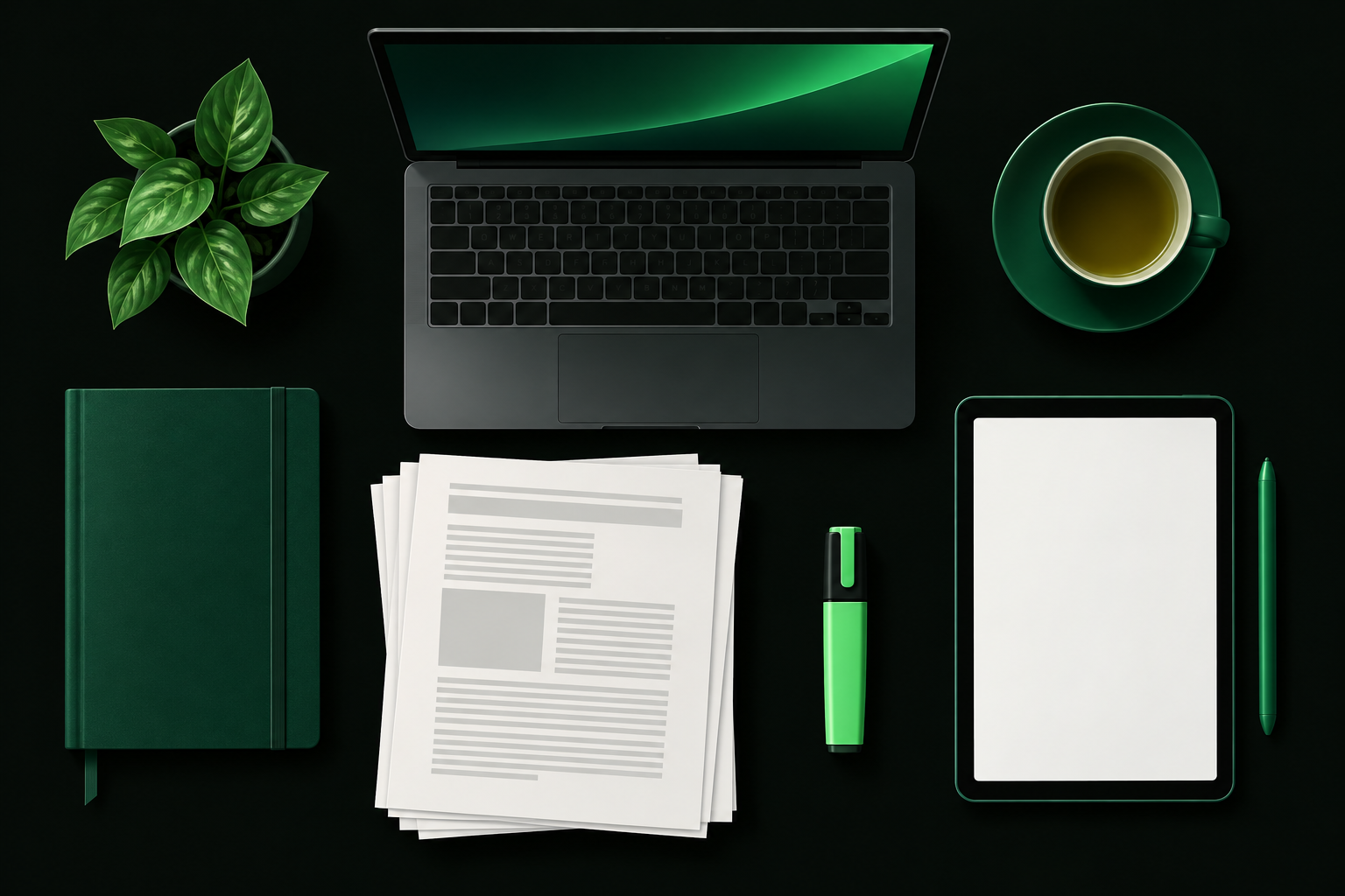 Flat-lay illustration of a laptop, printed lecture notes, a highlighter and a tablet on a study desk