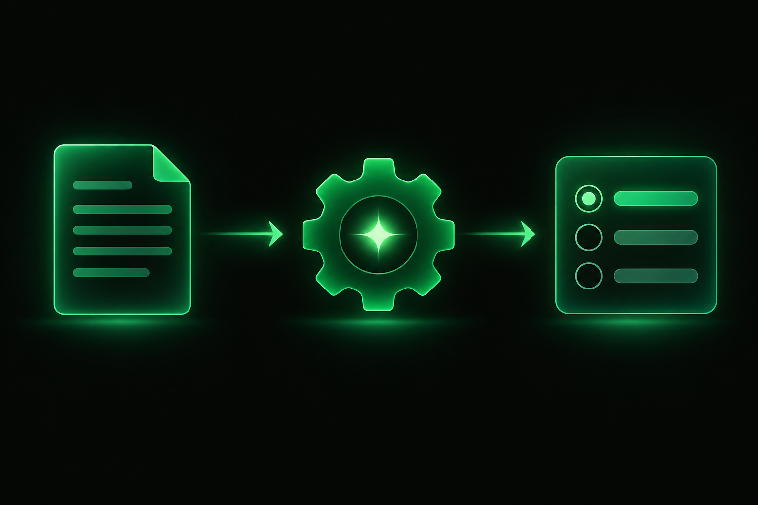 Diagram-style illustration of a document passing through an AI gear and becoming a quiz card