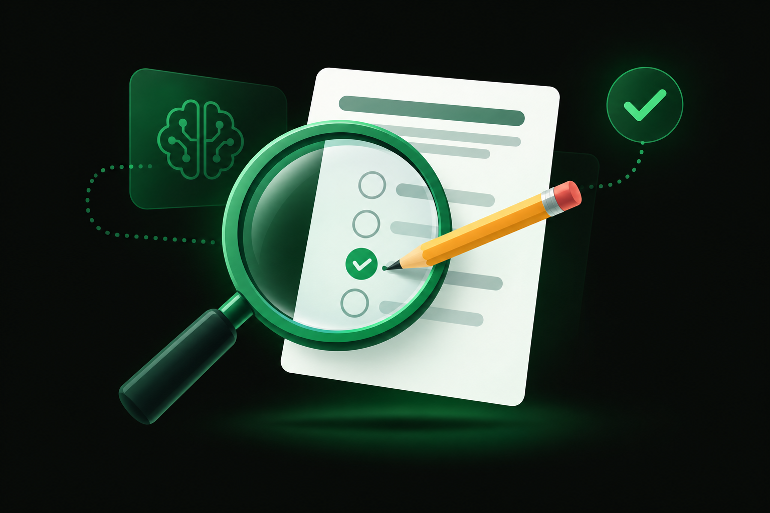 Illustration of a magnifying glass and pencil checking answers on a quiz card