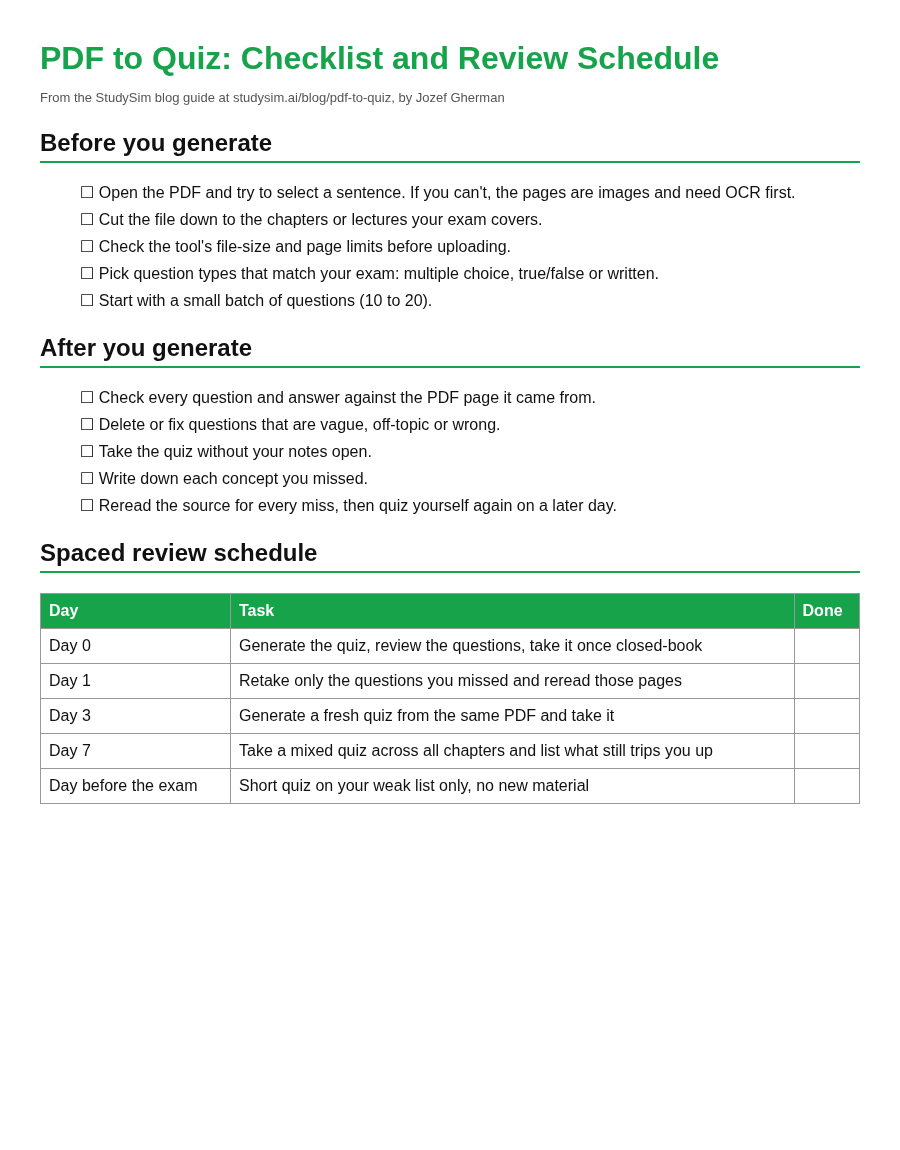 Printable PDF to quiz checklist with steps before and after generating and a spaced review schedule