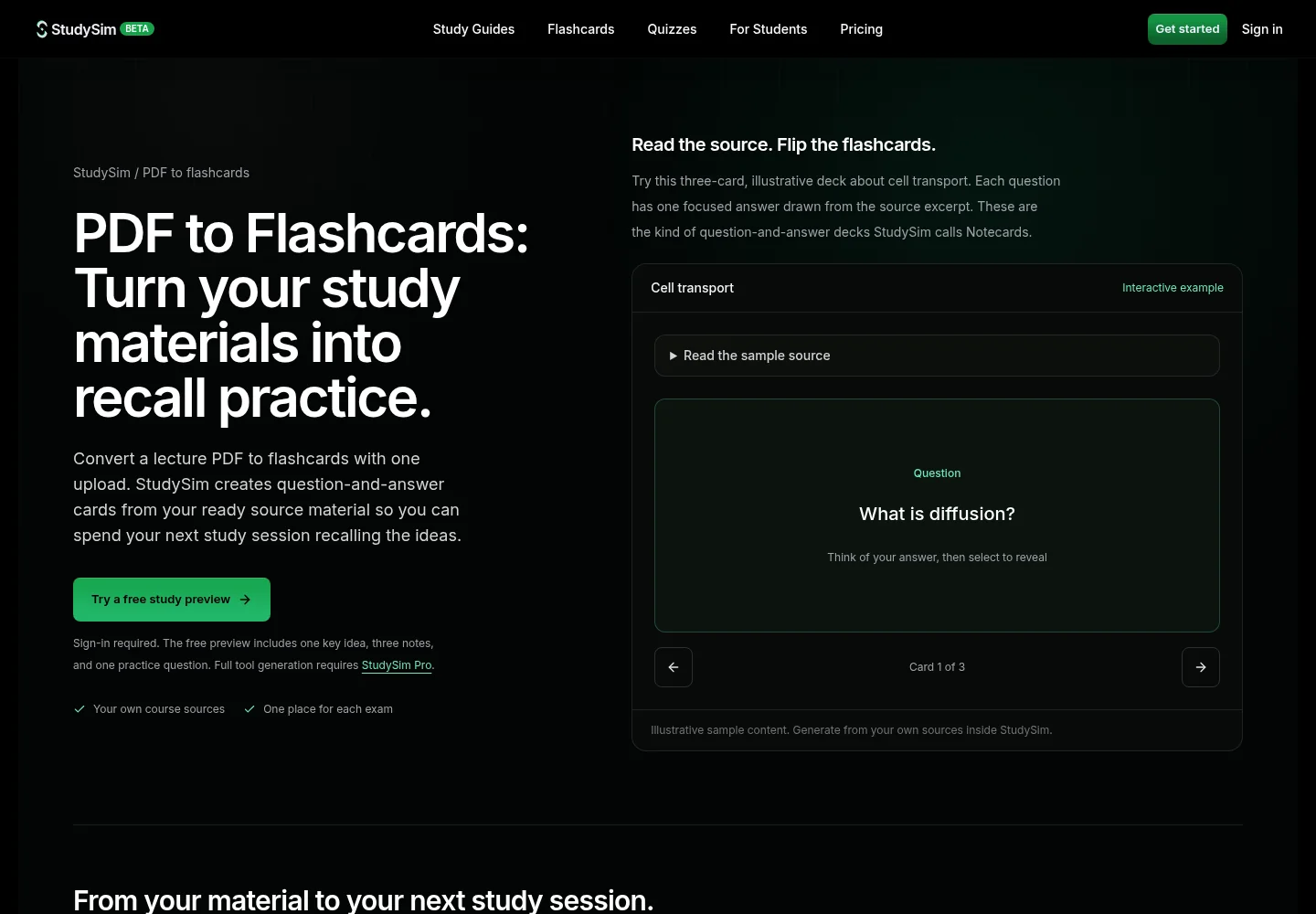 Screenshot of StudySim's public PDF to flashcards page with an interactive three-card sample deck about cell transport, captured October 24, 2026