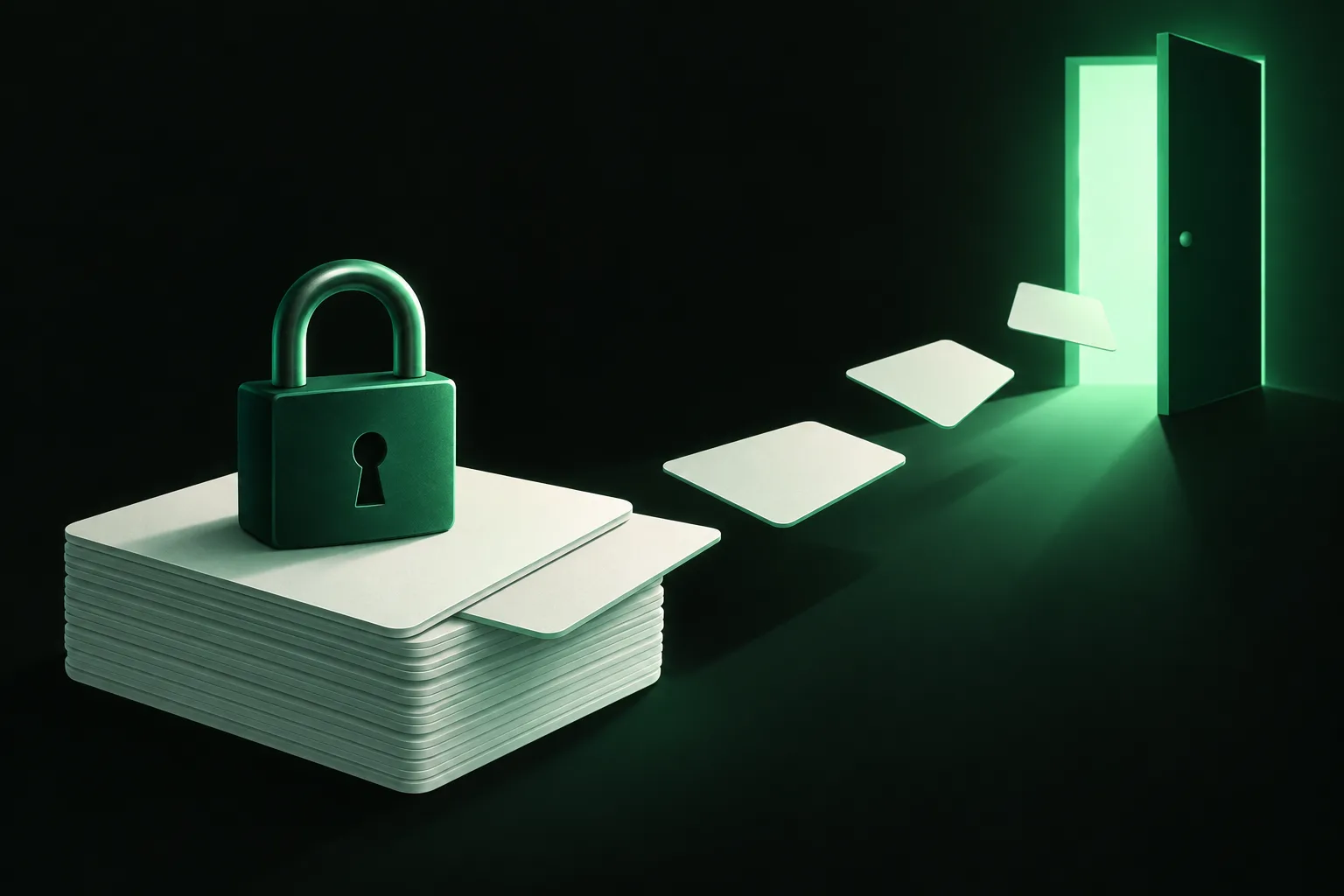 A padlock on a stack of blank flashcards with cards sliding toward an open door, illustrating students leaving a paywalled flashcard app