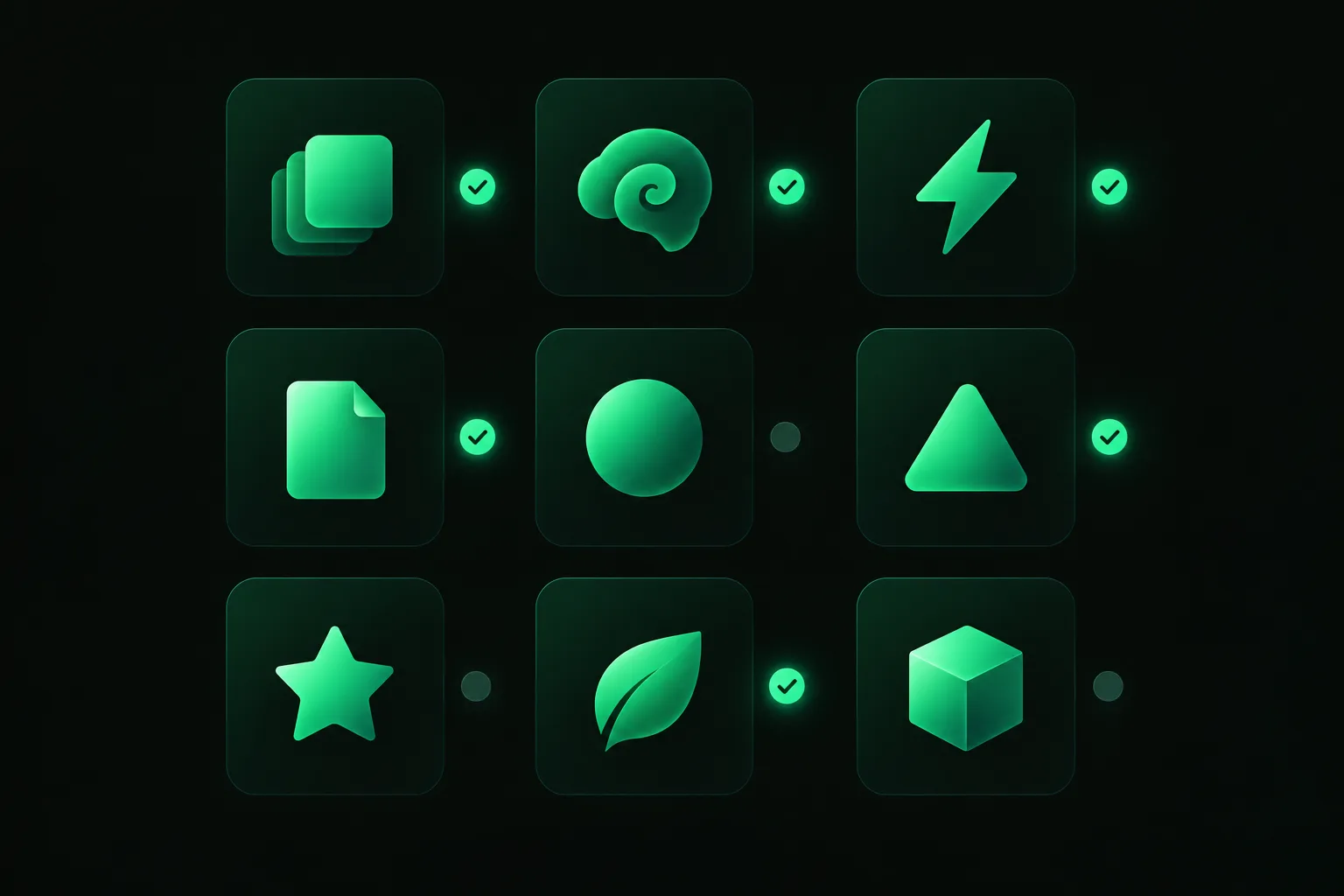 Nine app tiles in a three-by-three grid with check dots, illustrating a feature comparison of Quizlet alternatives