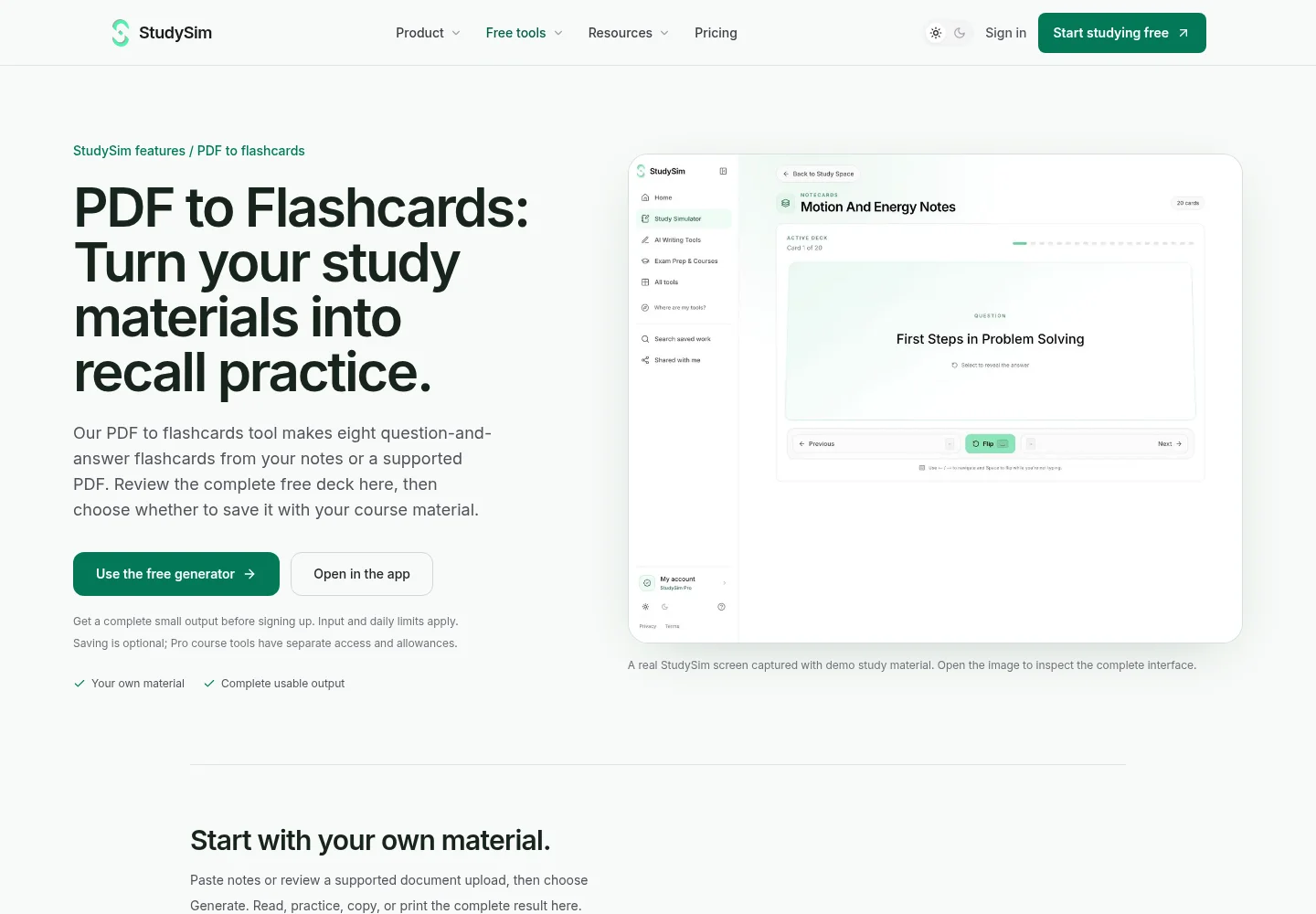 Screenshot of StudySim's public PDF to flashcards page with the free generator and a flashcard deck preview, captured October 26, 2026