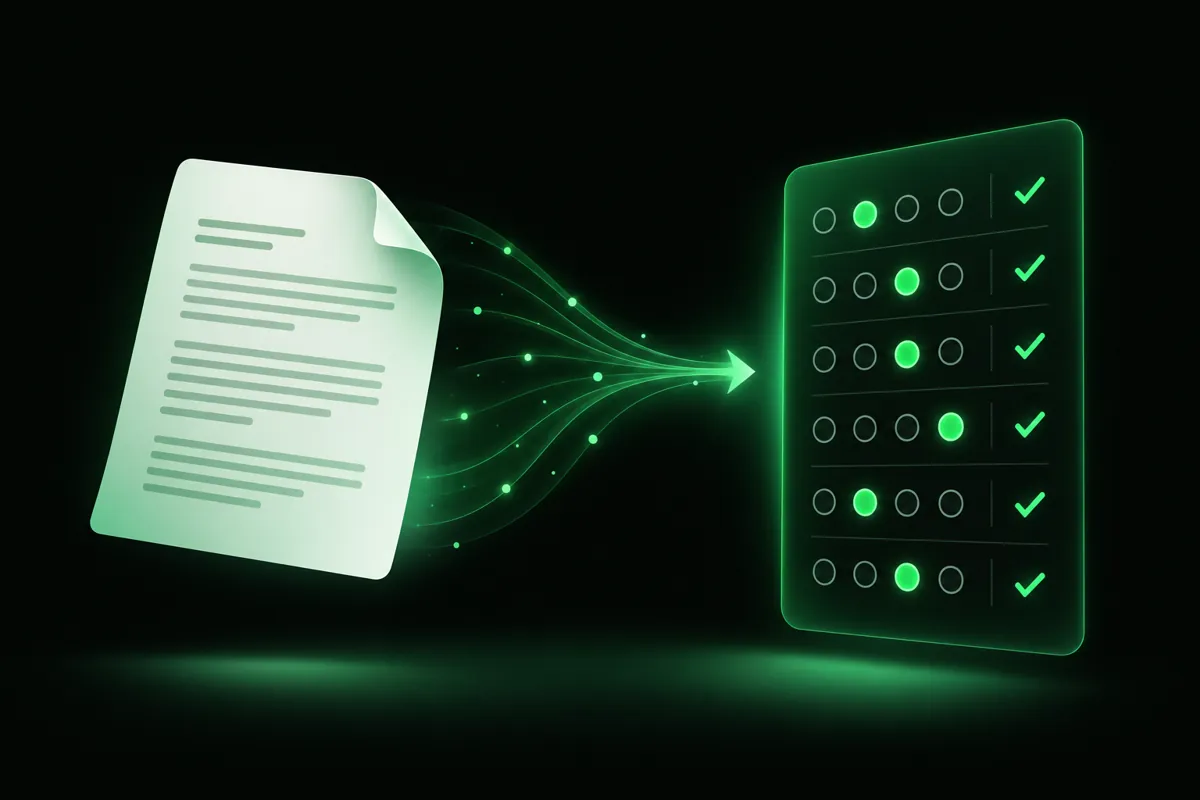A document page flowing into a column of multiple-choice answer bubbles with check marks, illustrating an AI quiz generator turning notes into a practice quiz