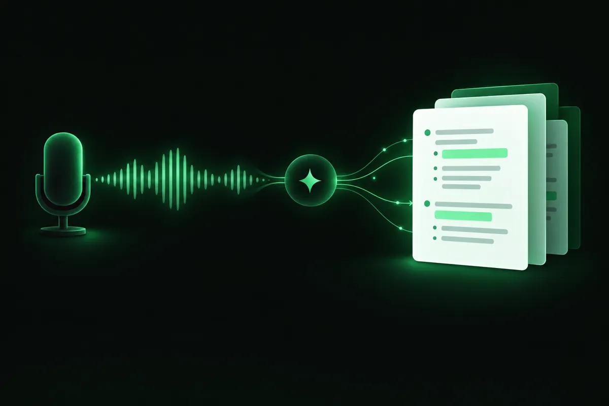A microphone and audio waveform flowing into a stack of organized note pages, illustrating an AI note taker turning a lecture into notes