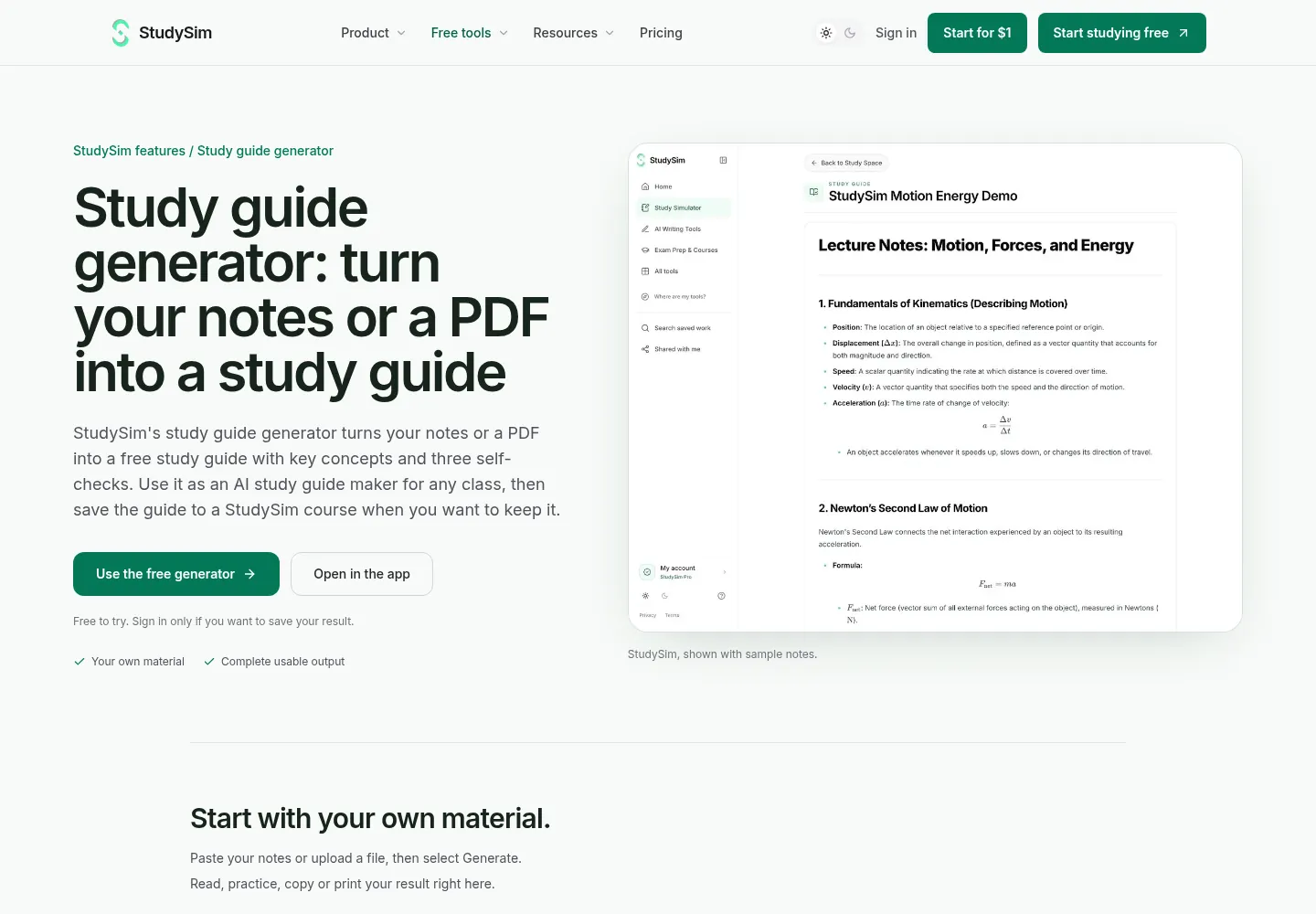 Screenshot of StudySim's study guide generator page showing a sample study guide on motion, forces and energy, captured October 27, 2026