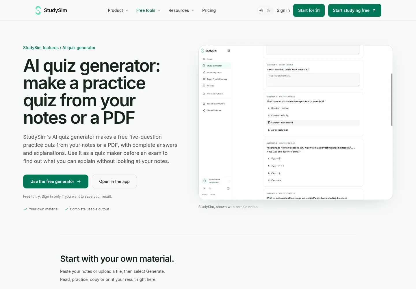 Screenshot of StudySim's AI quiz generator page with a sample practice quiz of multiple-choice and short-answer questions, captured October 27, 2026