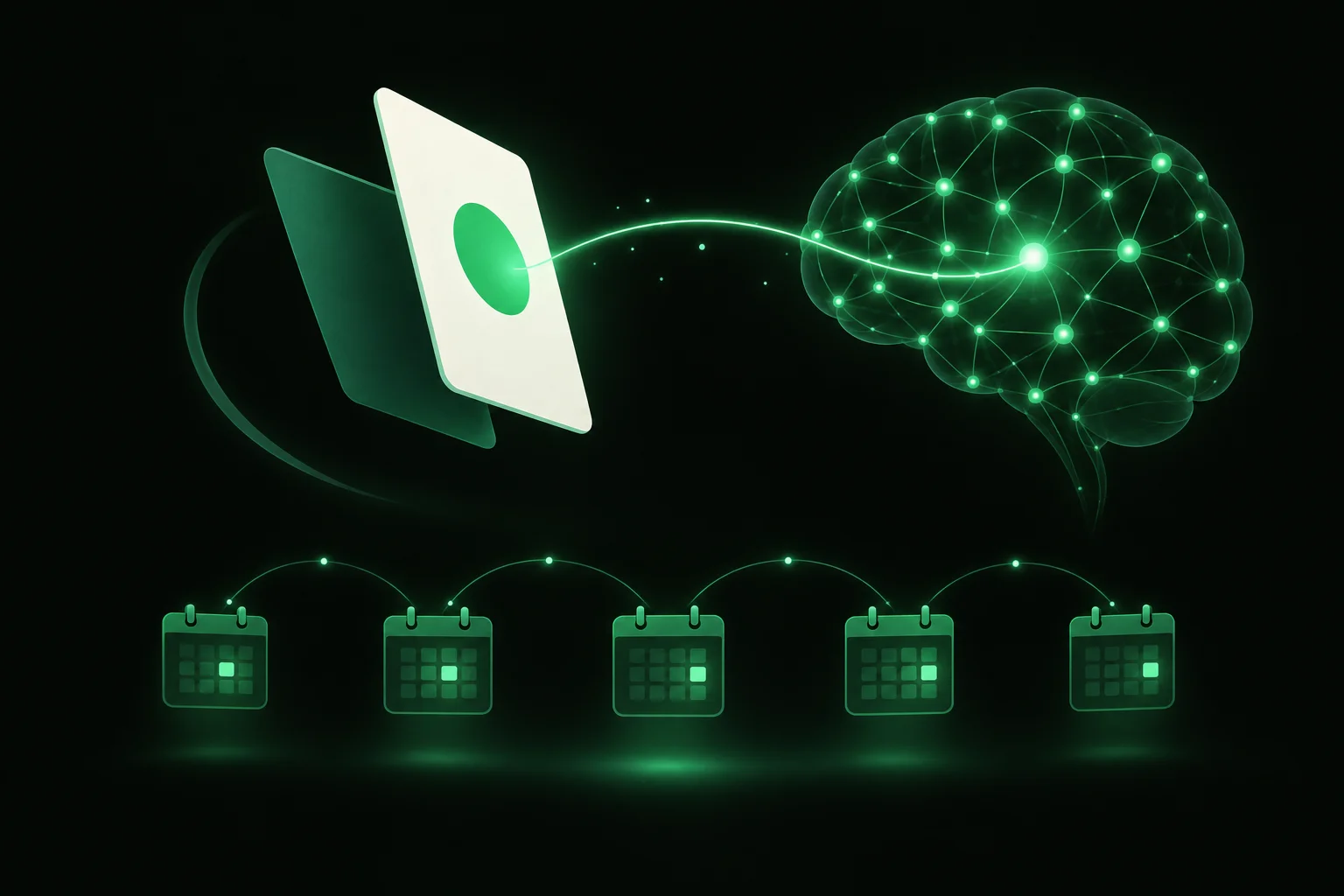 A flashcard flipping in mid-air with a glowing thread to a brain-like network and evenly spaced calendar blocks below, illustrating retrieval practice and spaced review