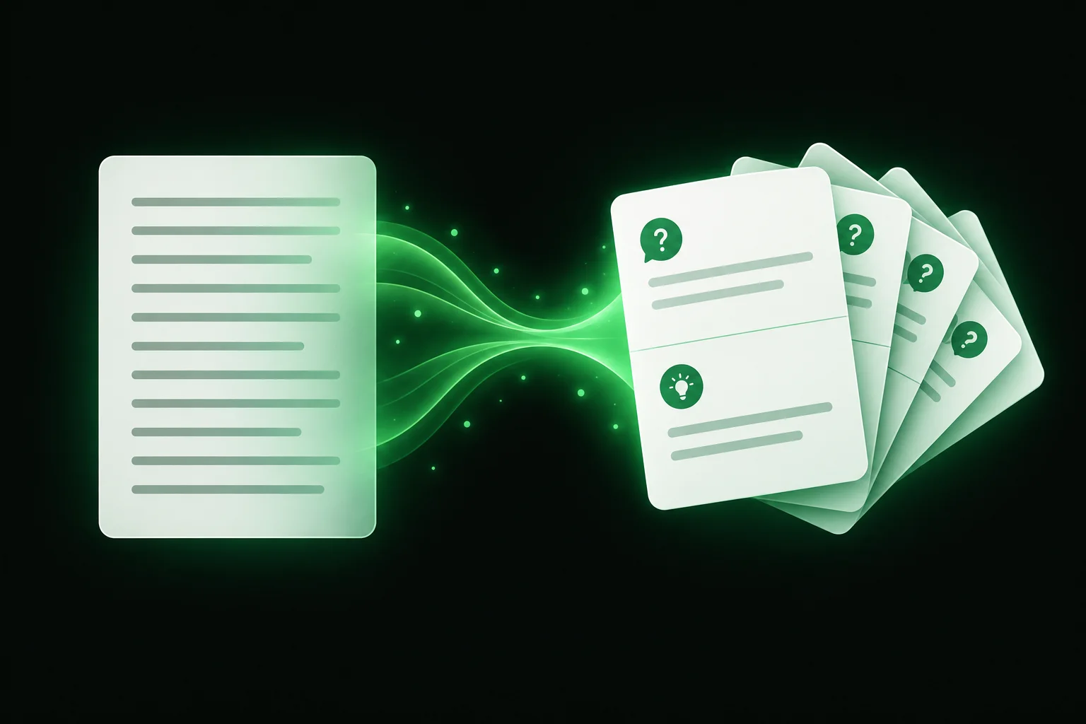 A page of notes flowing through a green glow into a fan of question-and-answer cards, illustrating AI turning notes into flashcards
