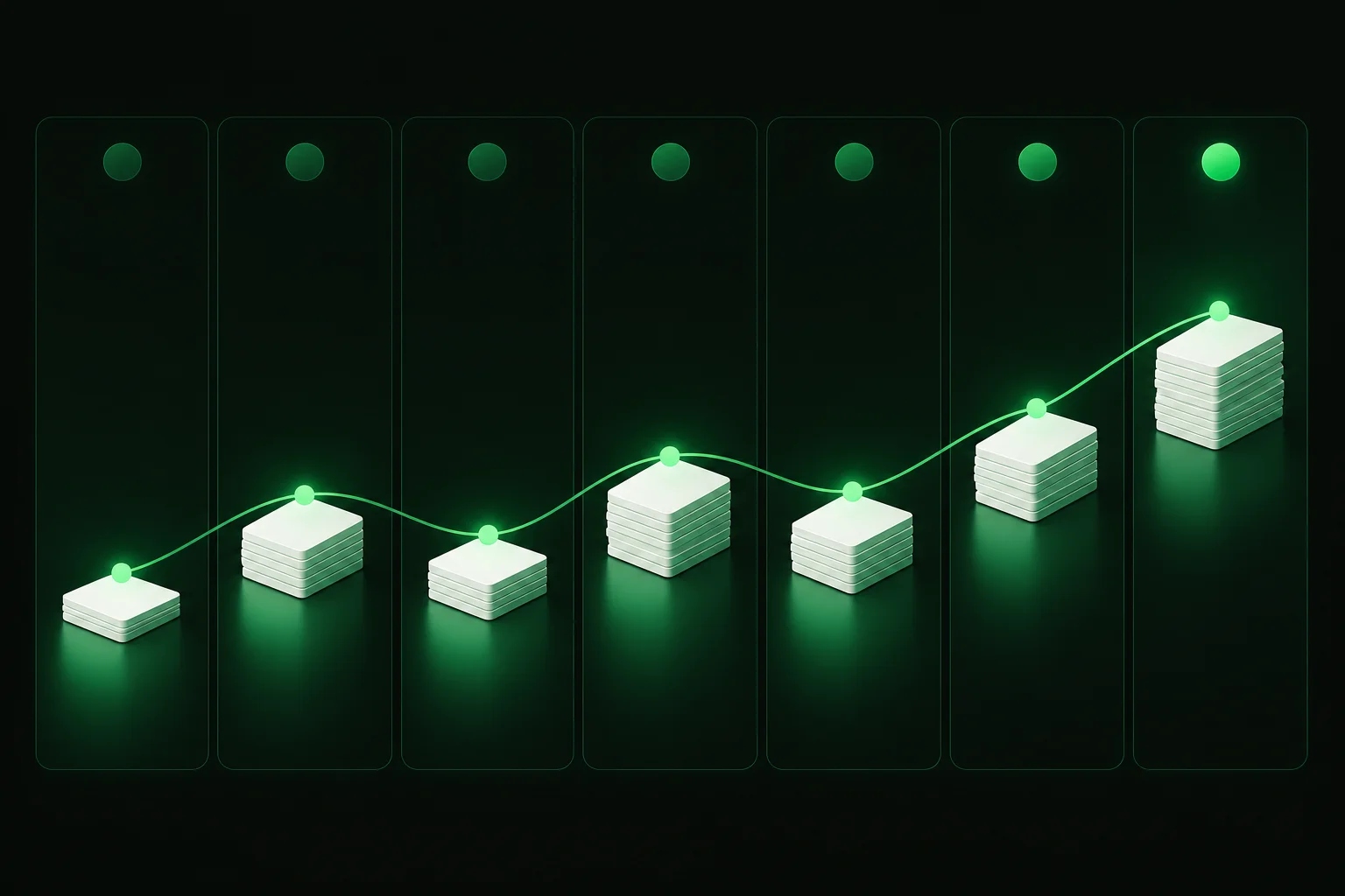 A weekly planner grid with small stacks of flashcards on different days connected by a green path, illustrating a one-week flashcard review plan