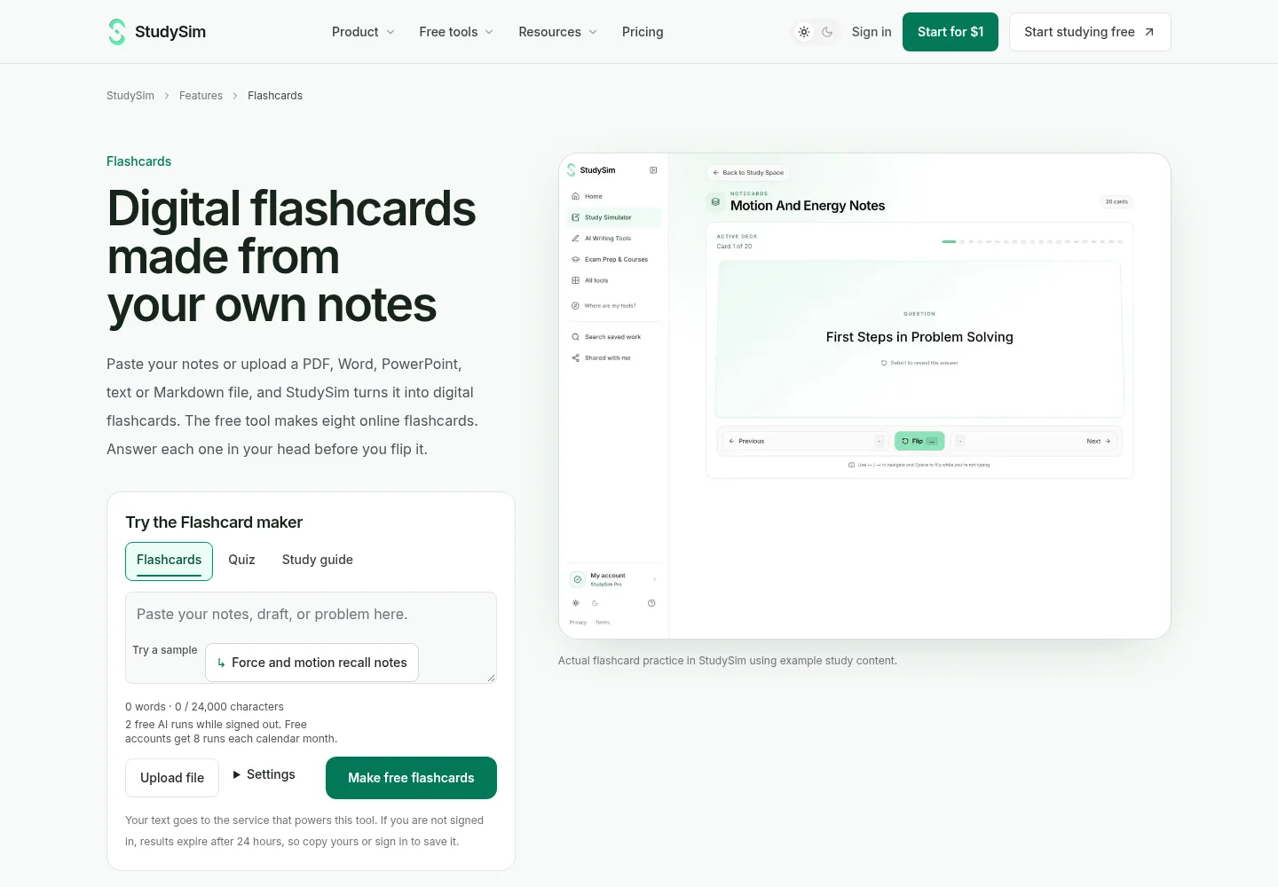 Screenshot of StudySim's flashcards page showing the free flashcard maker and a sample Notecards deck, captured October 29, 2026
