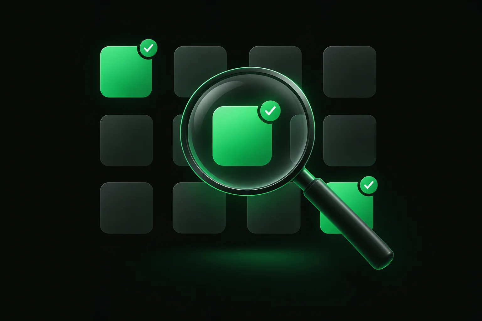 A magnifying glass over a grid of app tiles with a few highlighted in green, illustrating how we compared and shortlisted study apps