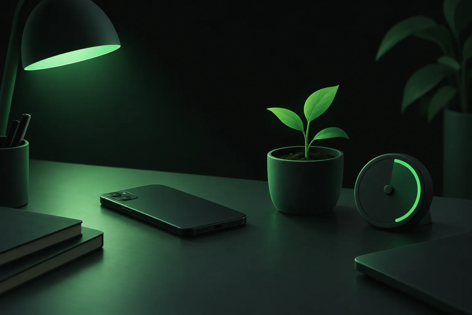 A phone face down beside a small potted sapling and a round timer, illustrating a focus timer app for studying