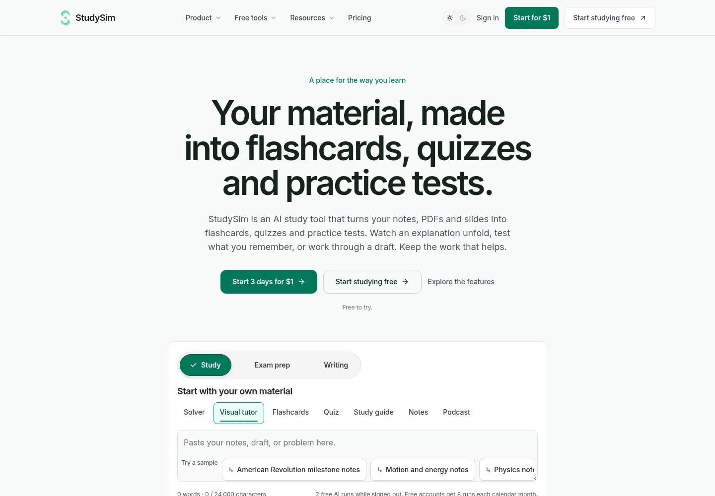 Screenshot of the StudySim homepage, captured October 31, 2026, showing the tools for turning your material into flashcards, quizzes and practice tests
